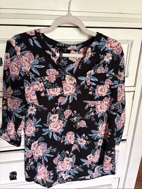 Floral Split-Neck Blouse - Black with Pink & Blue Flowers